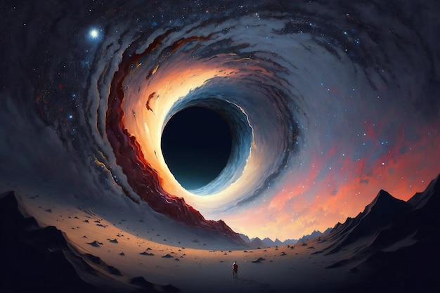 A black hole in the sky with a person standing in front of it.