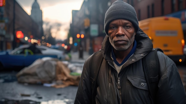 Photo black homeless garbage collector walking down the city street looking at the camera