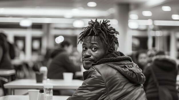 A black homeless man seated at a table in a neutral setting