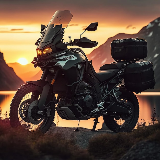 Black Honda bike with sunset background image Ai generated art