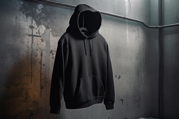 Photo a black hoodie hanging on a wall with the word hood on it