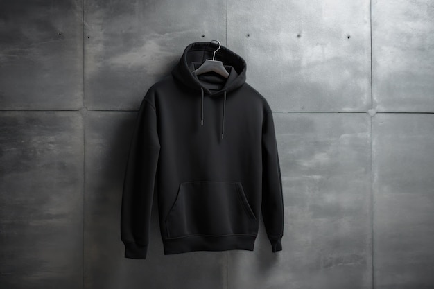 A black hoodie hanging on a wall