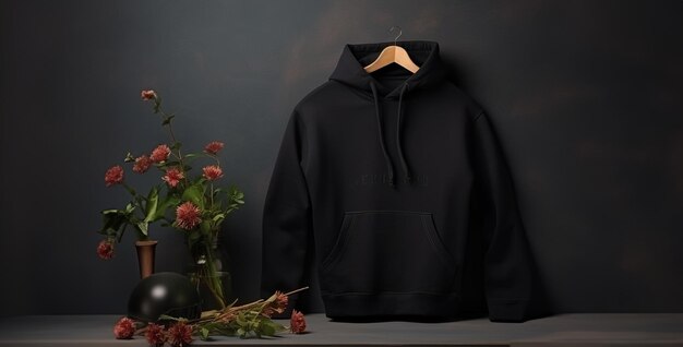 black hoodie mockup with very short drawstrings