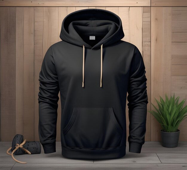 Black hoodie Mockup With Wooden Background ai generate