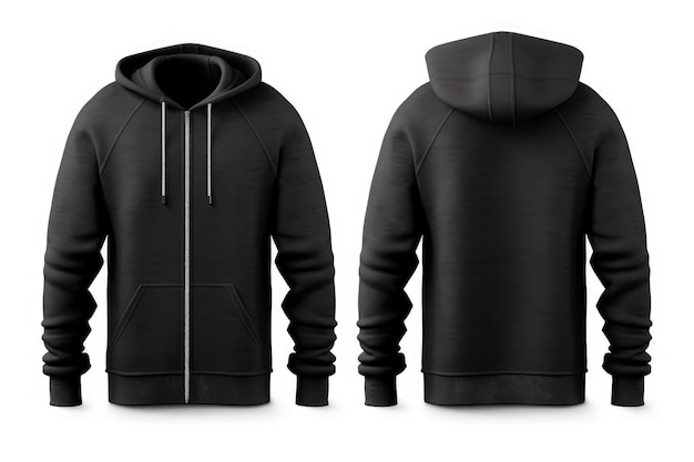 A black hoodie mockup with a zipper styled with a hoodie White background