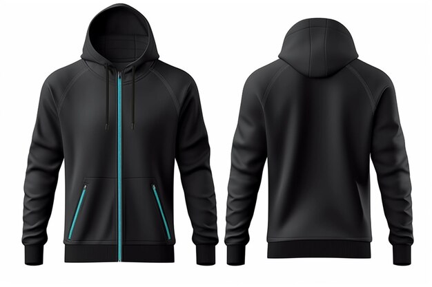 black hoodie with blue zippers front and back views generative ai