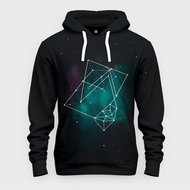 A black hoodie with a geometric design on it.