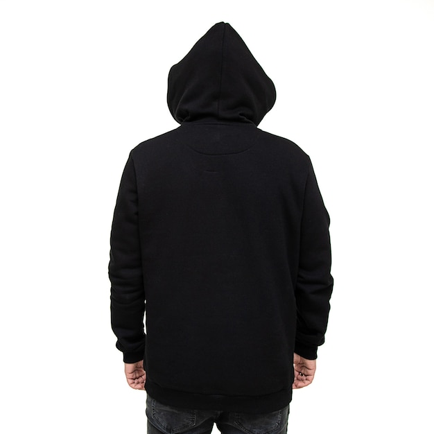 Black hoodie with hood on man isolated