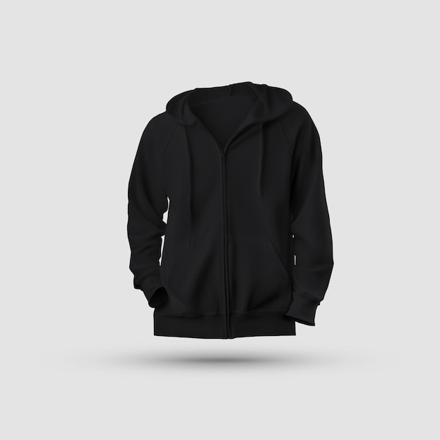 black hoodie with a zipper pocket and drawstrings on the hood isolated on background