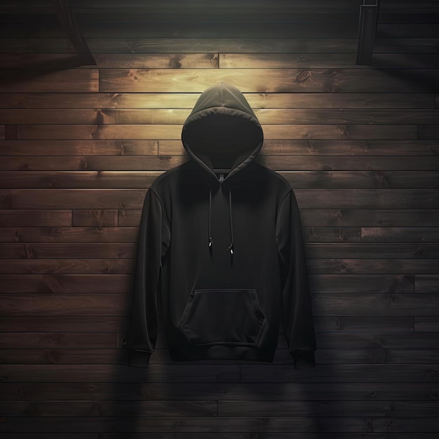 a black hoodie on a wooden wall