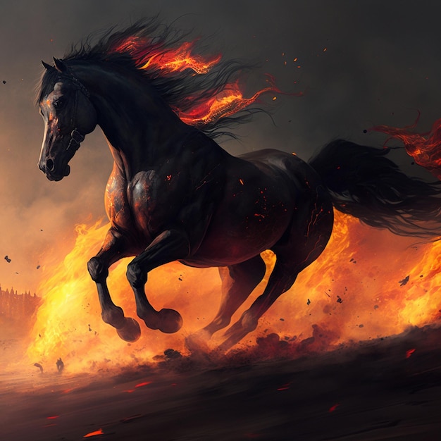 A black horse engulfed in flames gallops across the scorched earth