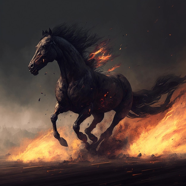 A black horse engulfed in flames gallops across the scorched earth