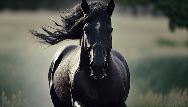 A black horse from the front running in a field