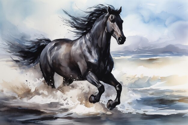 black horse galloping on shore watercolor style by Generative AI