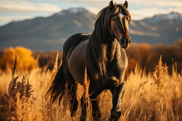 Black horse on a golden field serene look Forest and mountains in the background generative IA