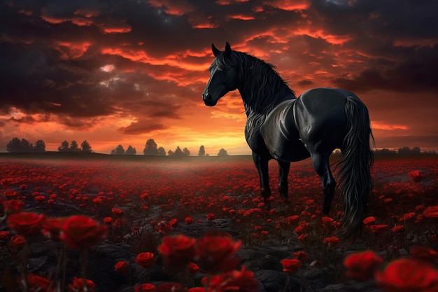 검은 말 한 마리가 일몰 구름 하늘이 있는 붉은 장미 꽃밭에 주차되어 있습니다