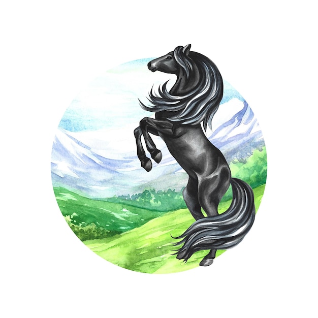 Photo a black horse rears up against the backdrop of a mountain landscape in a circle hand watercolor