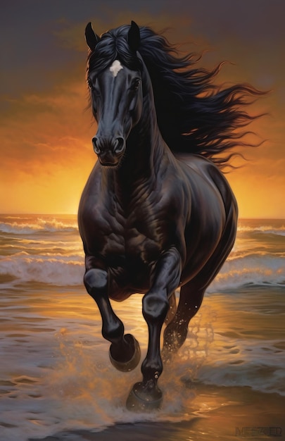 Black horse runing sunset beach ai generated image High quality ai generated image