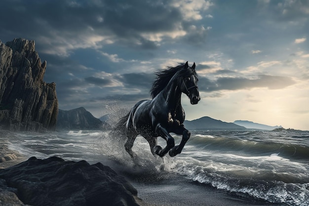 Photo black horse running on the beach in the ocean 3d rendering ai generated