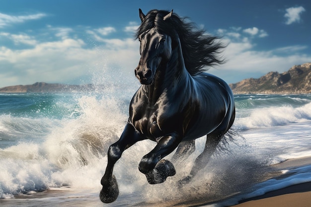 Black horse running on the beach in the ocean 3d rendering ai generated