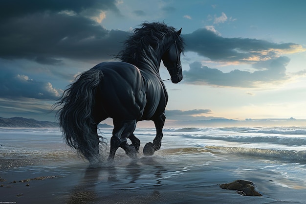 Photo black horse running on the beach in the ocean 3d rendering ai generated