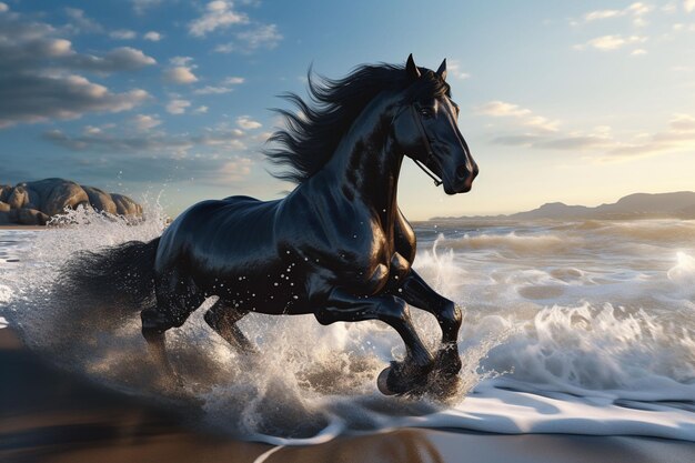 Photo black horse running on the beach in the ocean 3d rendering ai generated