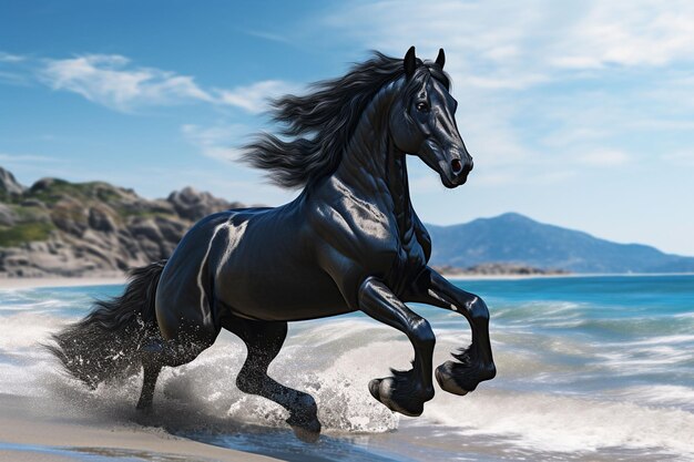 Photo black horse running on the beach in the ocean 3d rendering ai generated