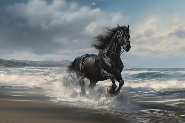 Black horse running on the beach in the ocean 3d rendering ai generated