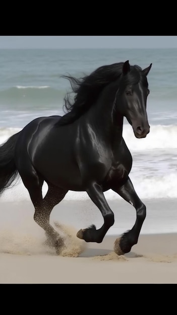 Black horse running on the beach