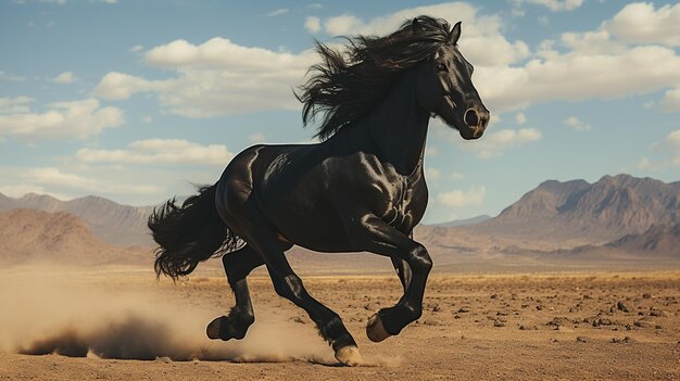 a black horse running over the desert