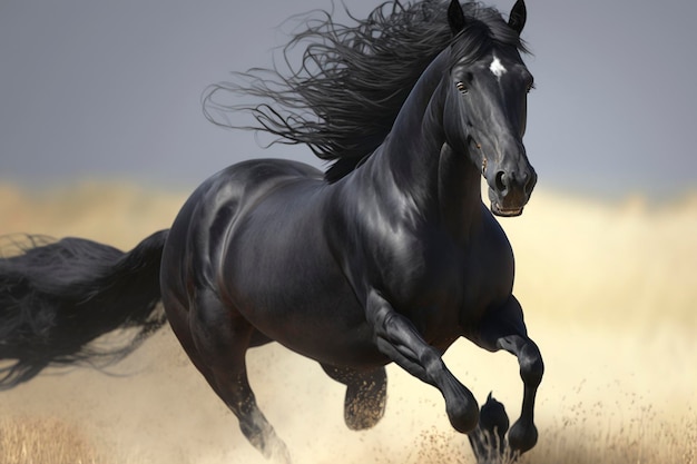 Black horse running in the field created with generative AI