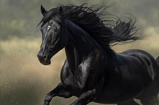 Black horse running in the field created with generative AI