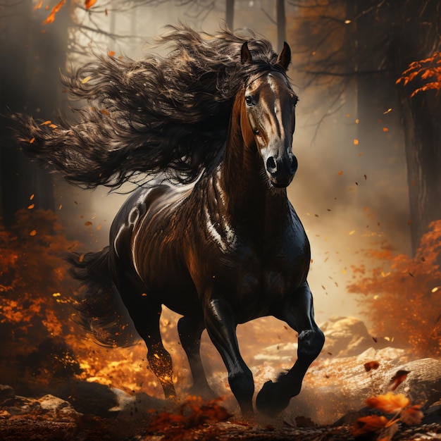 a black horse running in the forest in the style of mystic symbolism silver and amber