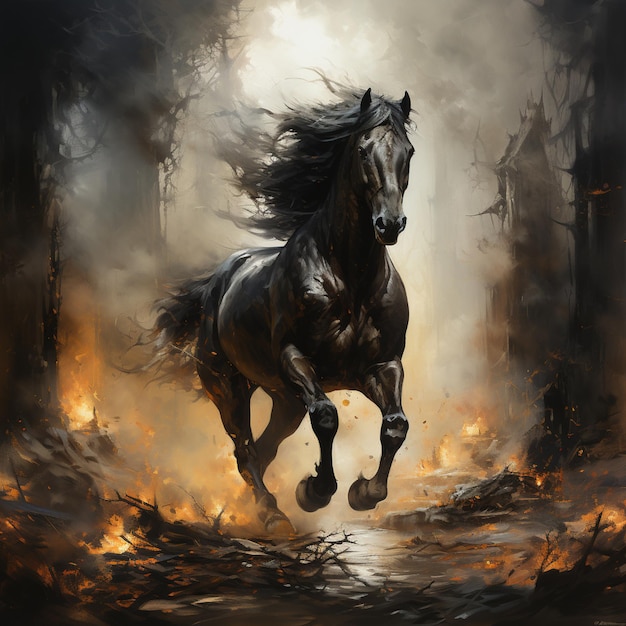 a black horse running in the forest in the style of mystic symbolism silver and amber