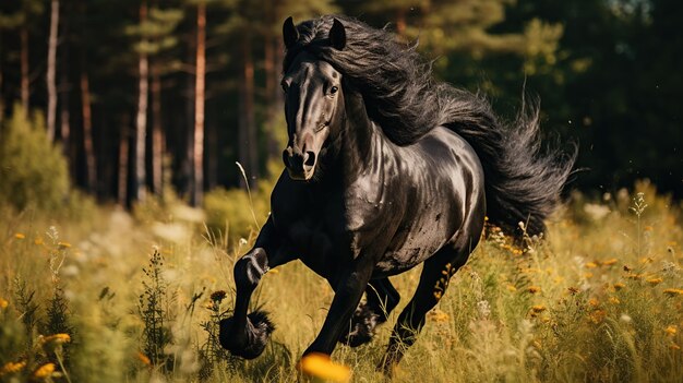 a black horse running on the wide grass