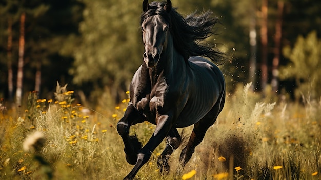 a black horse running on the wide grass