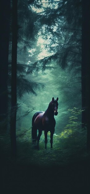 Black horse standing dark forest ai generated image High quality ai generated image