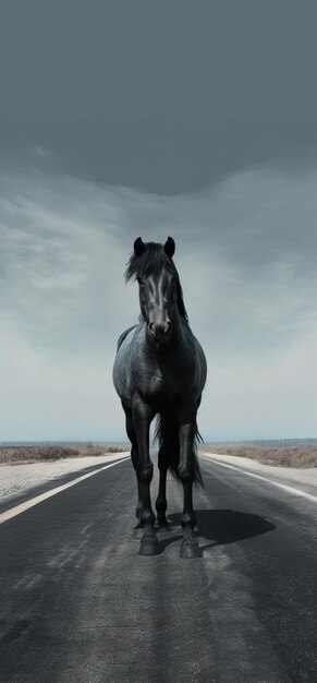 Foto immagine generata da un cavallo nero in piedi su una strada vuota di alta qualità