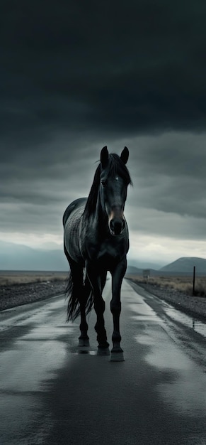 Photo black horse standing empty road ai generated image high quality ai generated image