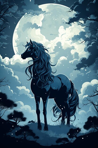 A black horse standing in front of a full moon