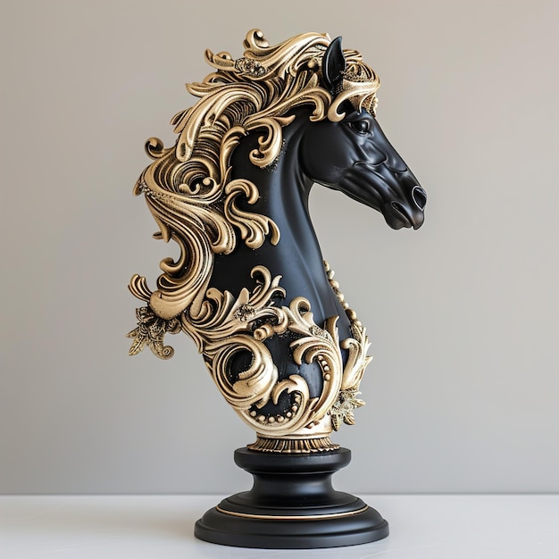 a black horse statue with gold and black paint on it