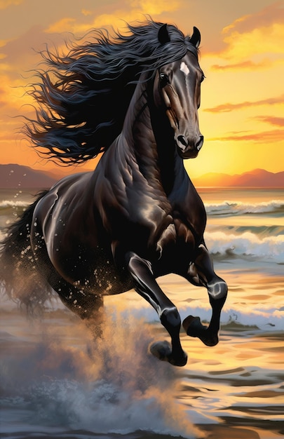 Black horse sunset beach ai generated image High quality ai generated image