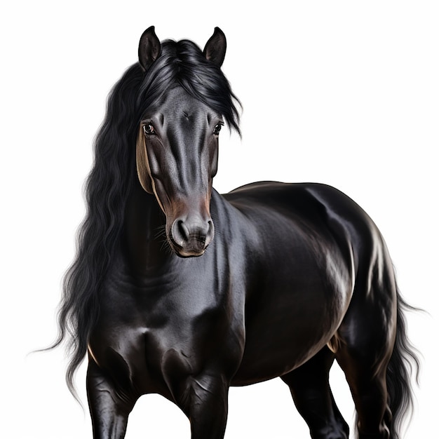 白い背景の黒い馬