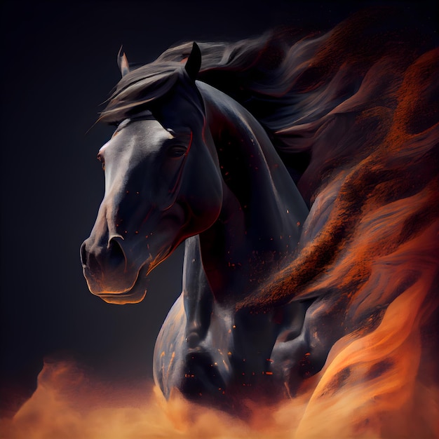 Черный конь с огнем на черном фоне Цифровая живопись 3d рендеринг