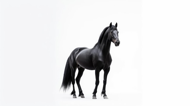 A black horse with a long mane stands against a white background.