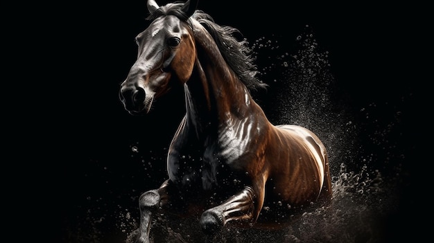 Premium Photo | Black horse with splashes of water on a black ...