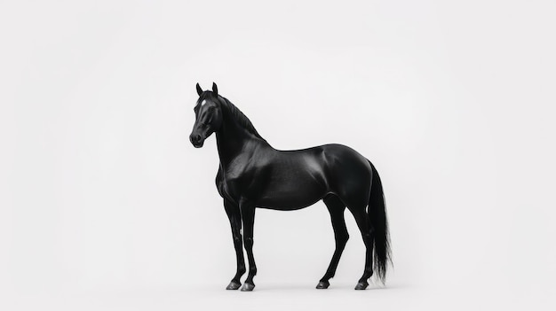 A black horse with a tail and tail stands against a white background.