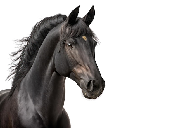 Foto un cavallo nero con uno sfondo bianco e uno sfondo bianco.