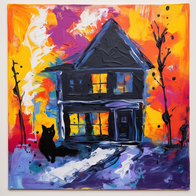 Black House and Cat in Abstract Expressionism Painting