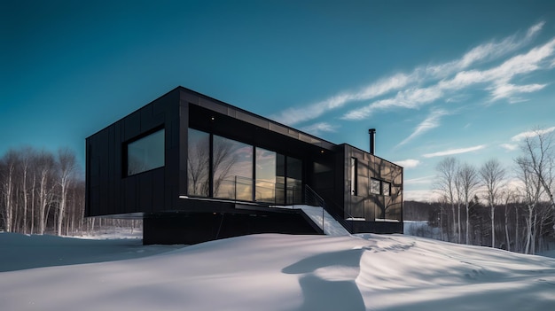 A black house sits in the snow with the sun shining on the windows.